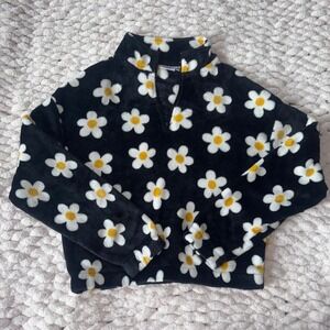 Mighty Fine Black Daisy Floral Fleece Quarter Zip Pullover Cropped Mock Neck